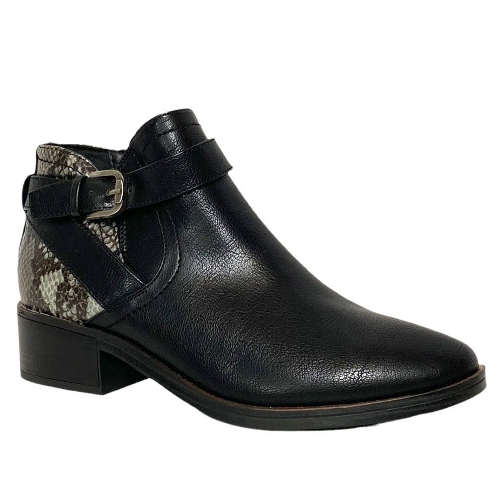 Black Vegan Animal Print Zip-Up Buckle Ankle Boot 6.5